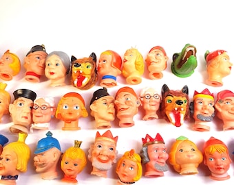 Vintage hand puppets heads, pretend play puppets, 1960s toy, 32x
