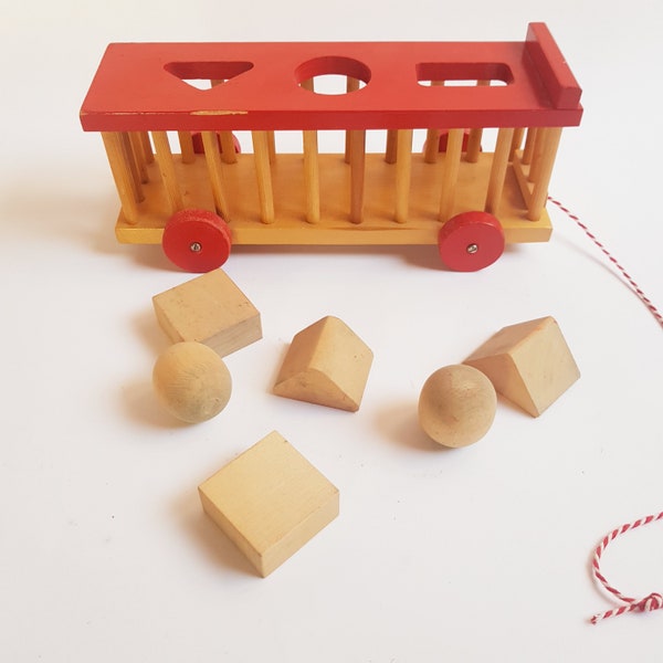 Vintage wooden shape sorter cart, waldorf learning toy,  Montessori toy