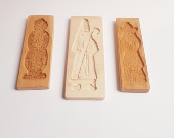Stampi antichi per specule olandesi intagliati a mano: set di 3 stampi per biscotti in legno