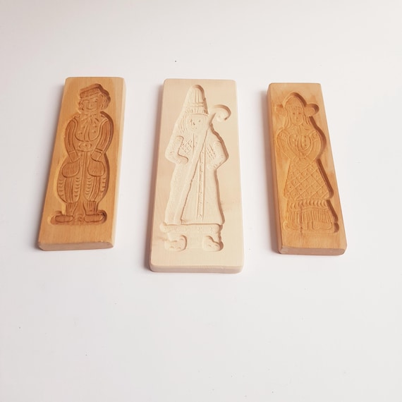 アンティーク手彫りオランダスペキュラース型: 木製クッキー型3個