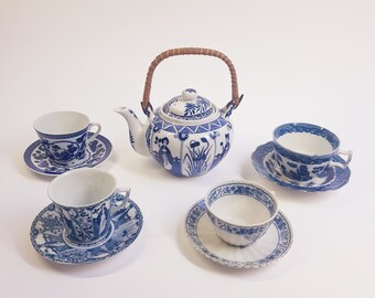 Mismatched tea set, blue china, vintage wedding, bridal shower, tea party
