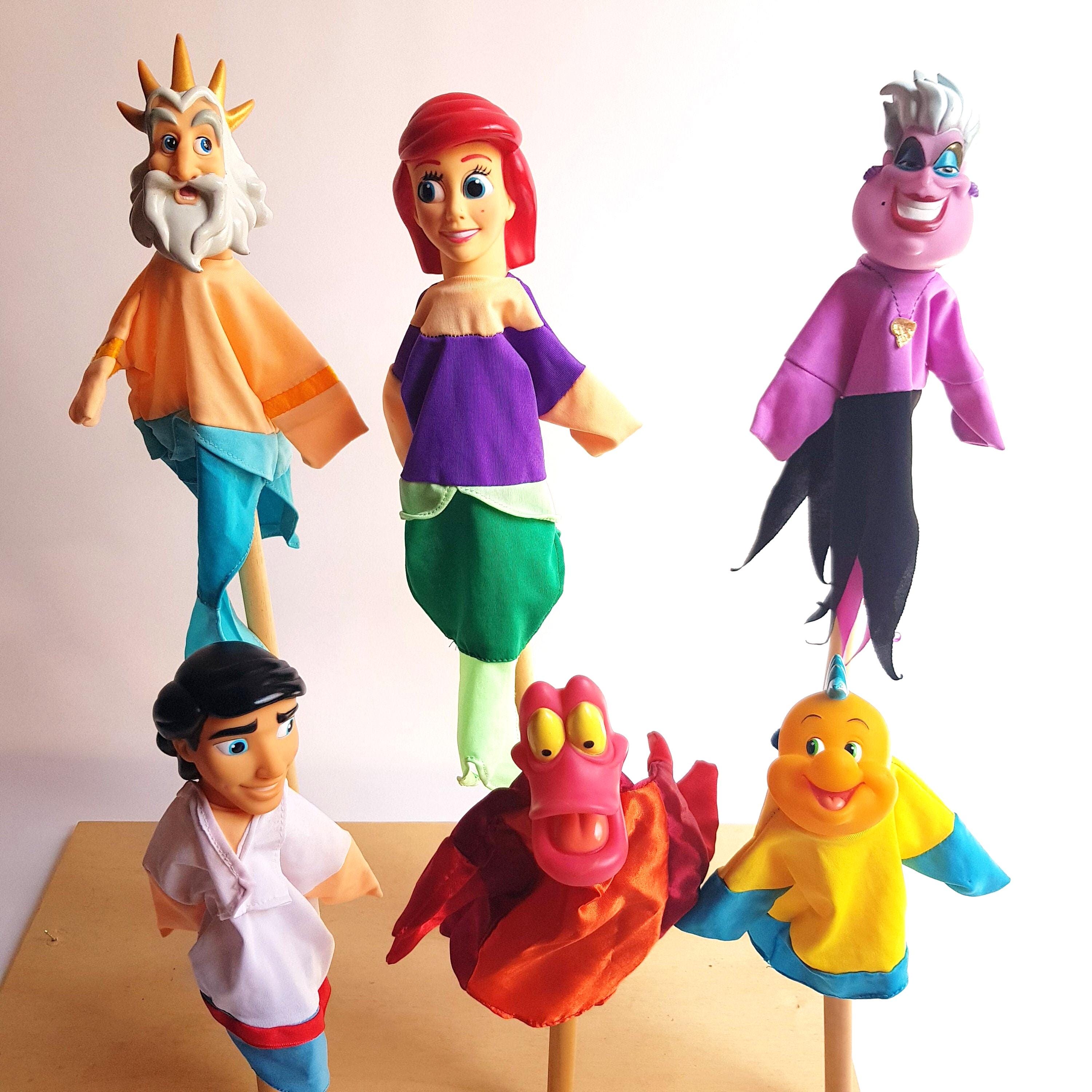 Fantoches de mão da Pequena Sereia, fantoches Walt Disney, brincadeira de faz de conta, vintage