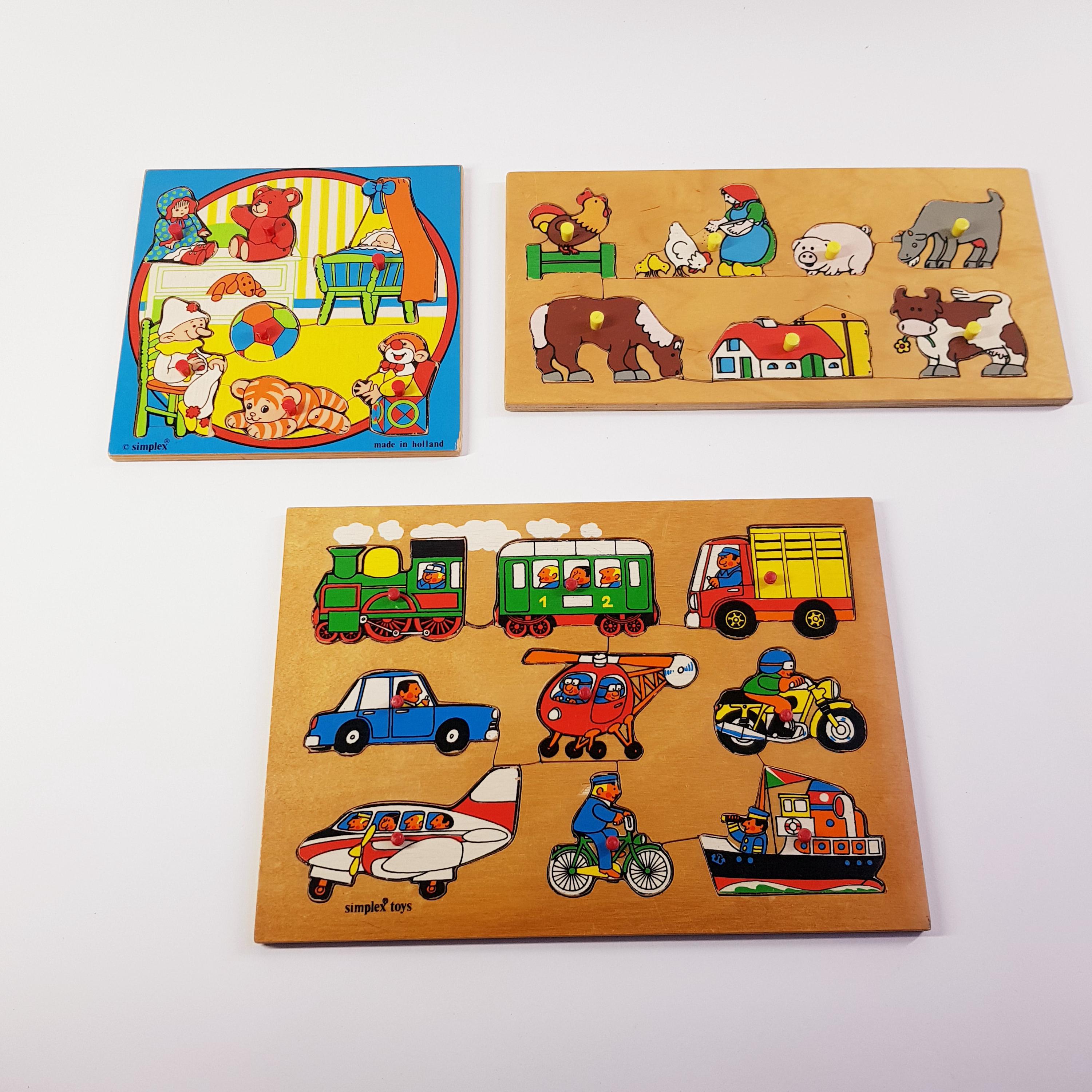 Vintage wooden puzzles 3 x, made in Holland, 1970s toy, simplex toys