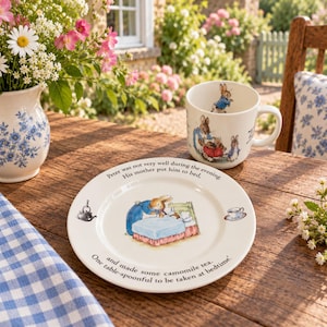 May include: A white ceramic plate and matching mug featuring Peter Rabbit illustrations. The plate shows a rabbit in a blue jacket tucking another into bed with text reading, Peter was not very well during the evening. His mother put him to bed, and made some camomile tea. One table-spoonful to be taken at bedtime.