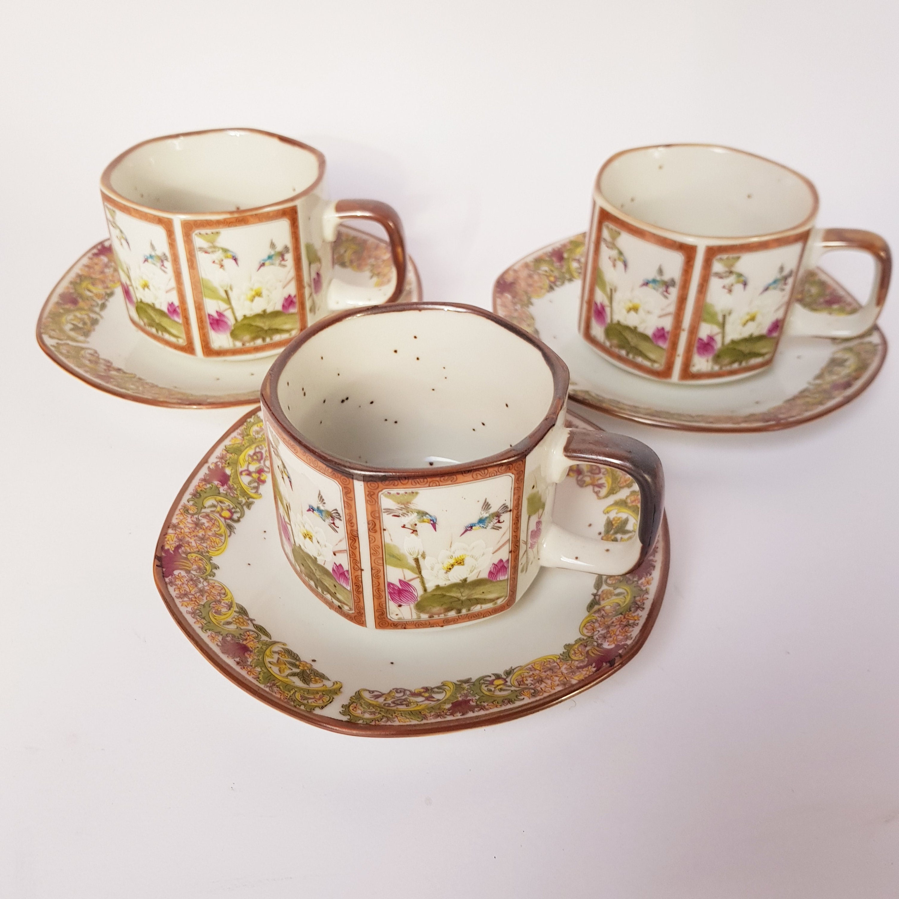 Japanese Cups and Saucers Toyo Ming Vintage Hexagon Lotus Etsy