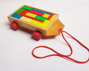 Vintage wooden cart with rainbow building blocks,  waldorf toy, Montessori toy