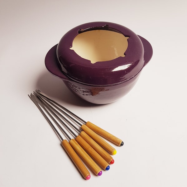 Vintage cast iron fondue set, purple, 1980s