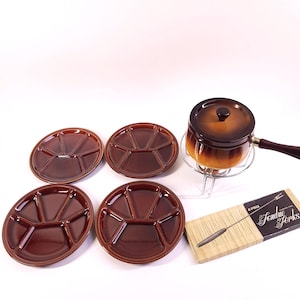 Vintage fondue set, 1980s dinner party, set for four