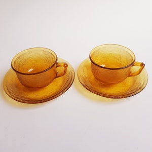 Amber glass cups and saucers, vintage french glass