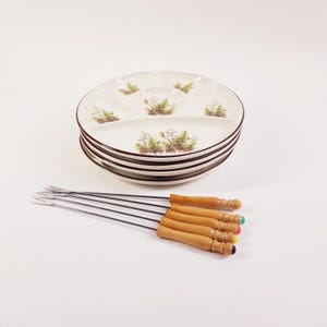 Platos de fondue antiguos, botánicos, cena de los años 70