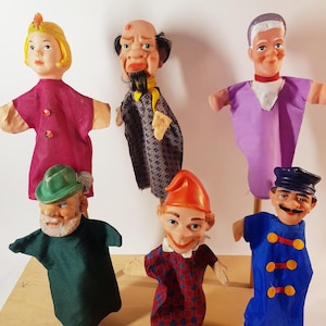 Vintage hand puppets 6x, pretend play puppets, 1960s toy