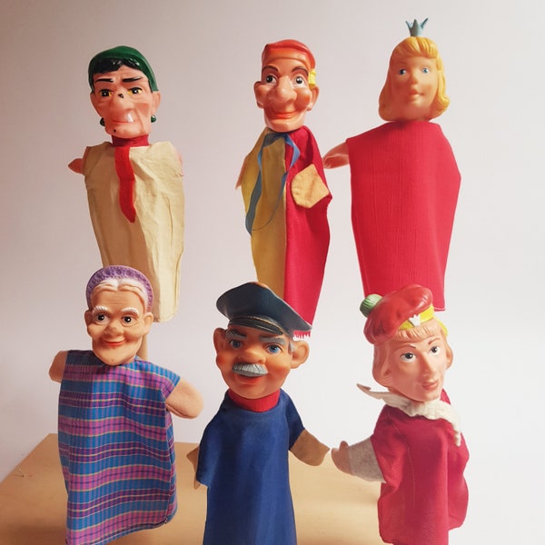 Vintage hand puppets 6x, pretend play puppets, 1960s toy