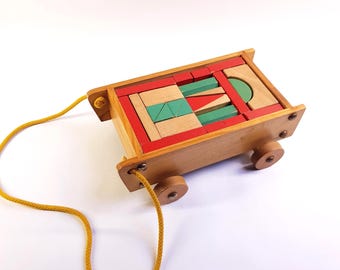Carrello in legno vintage anni '70 con mattoncini da costruzione – Giocattolo educativo Montessori e Waldorf