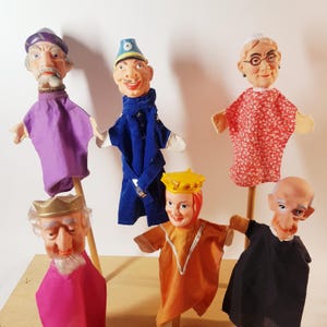 Vintage hand puppets 6x, pretend play puppets, 1960s toy