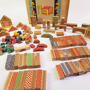 Vintage houten bouwstenen, waldorfspeelgoed, Montessorispeelgoed, jaren 1950