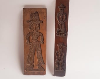 Set di due stampi olandesi antichi in legno per speculae, pan di zenzero