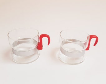 tasses à thé en verre vintage, rouges, années 1980