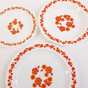 Arcopal France Lotus Plate Set: 1970s Orange Floral Dinnerware