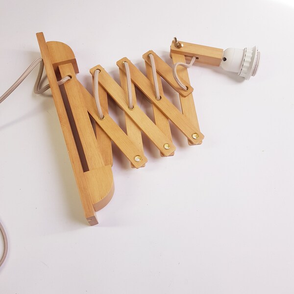 Vintage wooden scissor lamp, danish design, wall lamp 1970s