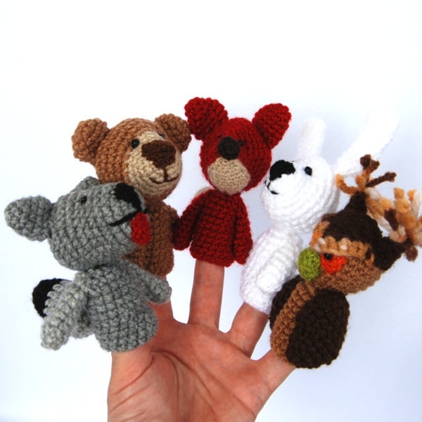 5 animal finger puppet set, crocheted owl, bunny or rabbit, bear, wolf and fox, stuffed woodland forest animal, multicolour