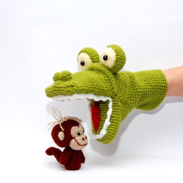 crochet alligator hand puppet and 3 or 5 monkeys finger puppets, amigurumi animals, autumn toys