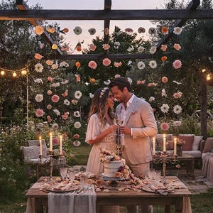 Puede incluir: Una pareja se encuentra tras una mesa de madera preparada para una celebración, con un pastel de varios pisos, dos candelabros y cubiertos. Sobre ellos, cuelgan guirnaldas de flores de una pérgola de madera iluminada por luces cálidas.