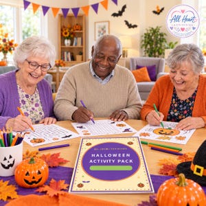 Może przedstawiać: Zestaw aktywności na Halloween z fioletowym okrągłym logo z napisem All Heart Activities. Zestaw otaczają trzy osoby kolorujące arkusze z zadaniami przedstawiającymi dynie, labirynty i wykreślanki, używając kredek.