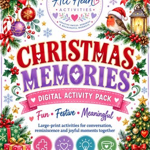 Może przedstawiać: Okładka cyfrowego pakietu aktywności zatytułowana Christmas Memories z ilustracjami rudzika w czapce Mikołaja, latarni, gwiazd betlejemskich, prezentów i choinki. Tekst zawiera All Heart Activities, Fun, Festive, Meaningful.