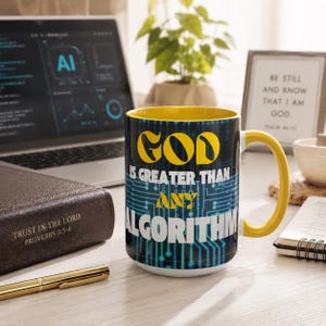 May include: A ceramic mug with a yellow interior and handle, featuring a dark blue background with a light blue circuit board pattern. The text reads: GOD IS GREATER THAN ANY ALGORITHM in bold yellow and white lettering on the front surface.