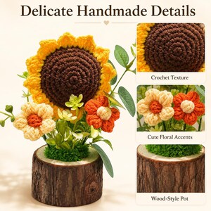 Hand-Crocheted Sunflower Bouquet in Wood Pot – Rustic Floral Desktop Decor