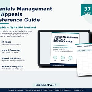 Puede incluir: Una guía de referencia de 37 páginas sobre gestión de denegaciones y apelaciones en formato PDF imprimible y digital. Incluye una portada con el título, una hoja de trabajo de seguimiento de denegaciones con columnas y una tableta.