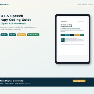 May include: A digital PT, OT & Speech Therapy Coding Guide 2026 PDF workbook displayed on a tablet screen. The guide includes sections for CPT, HCPCS, ICD-10, Modifiers, and the 8-Minute Rule. The bottom banner indicates an instant digital download.