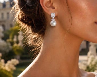 Pendientes colgantes de perlas, pendientes de novia con circonitas cúbicas talla baguette, joyería nupcial Art Déco