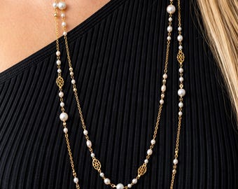 Long Pearl Look Necklace, Gold or Silver Layered Station Chain, Elegant Filigree Jewelry