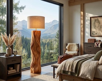 Rustic Wooden Floor Lamp Sculptural Design For Cozy Bedroom