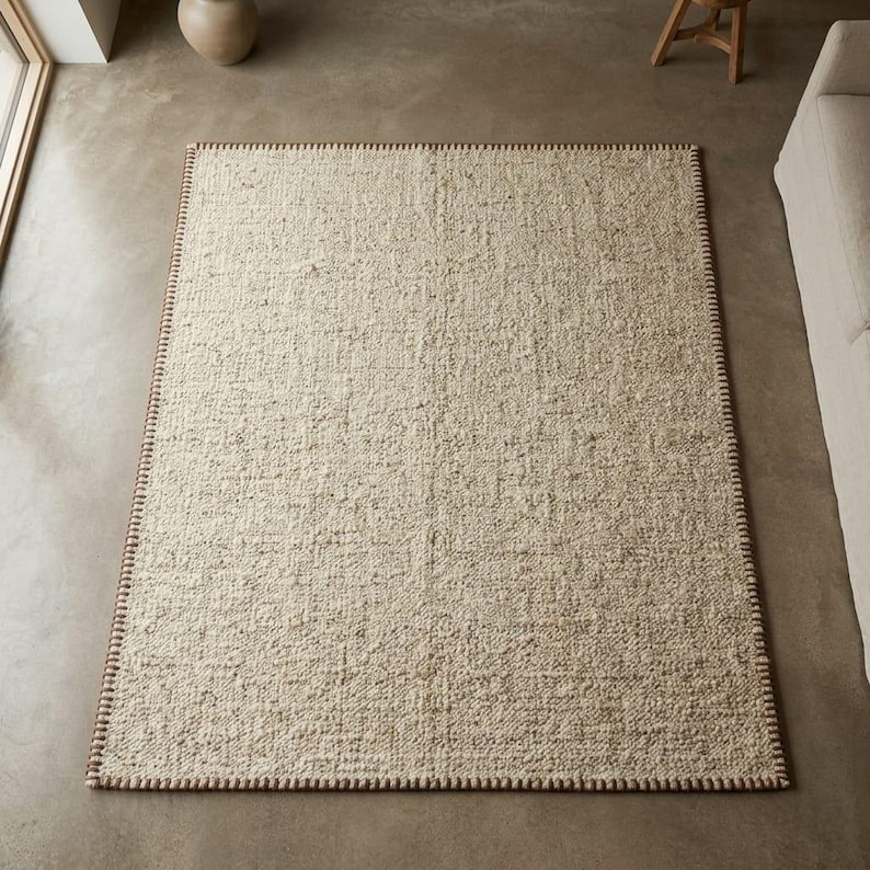 Handwoven wool area rug in a neutral ivory and beige color with a textured woven pattern, perfect for modern, minimalist, Scandinavian, boho, farmhouse, bedroom, and living room decor."