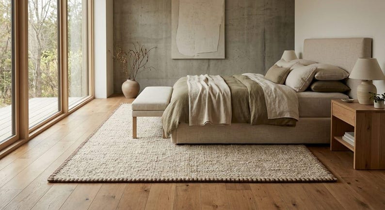 Pode incluir: Um quarto com uma cama estofada em bege com roupa de cama em verde-oliva e creme, um banco a condizer ao fundo da cama, uma mesa de cabeceira de madeira com candeeiro e um grande tapete retangular creme com uma borda castanha escura.