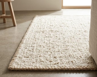 Tapete de lã tecido à mão, tapete plano cor marfim, tapete minimalista feito à mão, tapete escandinavo Japandi, tapete moderno estilo fazenda.