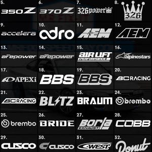 May include: A grid of thirty-six white automotive brand logos and text decals on a black background. The collection includes names like 1320 Video, 180SX, 240SX, 350Z, 370Z, 326Power, Accelera, Adro, AEM, Air Lift, Alpinestars, APEXi, BBS, BC Racing, Blitz, Braum, Brembo, Bride, Borla, Cobb, Cusco, C-West, Donut, Drift HQ, Ebisu, and Eibach.