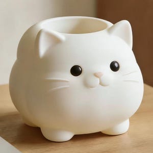 Puede incluir: Un recipiente blanco con forma de gato redondeado que presenta dos orejas puntiagudas, dos pequeños ojos circulares negros, una diminuta nariz rosa y bigotes moldeados en los lados. El interior hueco es accesible desde arriba y la base tiene cuatro pies.