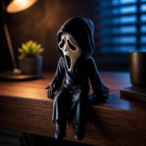 May include: A small figurine of a character wearing a black hooded robe and a white mask with an elongated mouth and eye openings. The figure is depicted in a seated position with its legs dangling down, featuring dark clothing and a pale face.