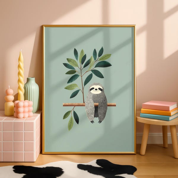 Niedliches Faultier Wand Kunst | Tier Kinderzimmer Dekor | Japandi Botanisches Poster | Salbei-grüne Kinder-Schlafzimmer-Wand-Kunst