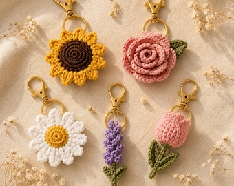 5in1 Crochet Flower Keychain Pattern PDF | Amigurumi Flower Bag Charm (Instant Download)
