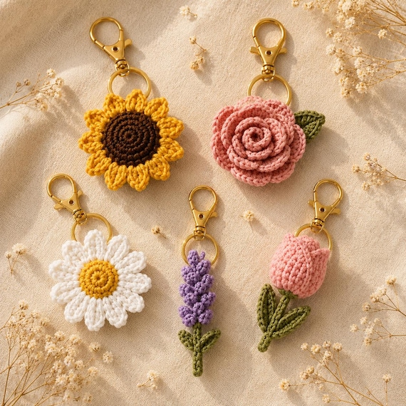 5in1 Crochet Flower Keychain Pattern PDF | Amigurumi Flower Bag Charm (Instant Download)