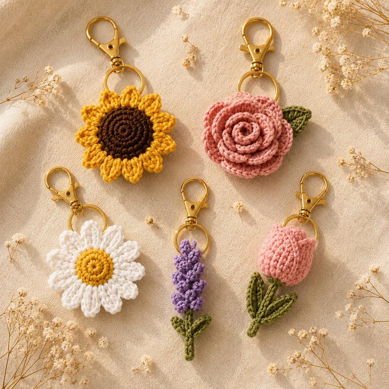 May include: Five crochet flower keychains with gold-tone lobster clasps. The set includes a yellow sunflower with a brown center, a pink rose with green leaves, a white daisy with a yellow center, a purple lavender sprig, and a pink tulip with green leaves.