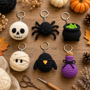 Halloween-Häkelschlüsselanhänger-Set (PDF-Anleitung) | Totenkopf, Spinne, Kessel, Mumie | Sofort-Download