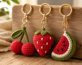 3in1 Crochet Keychain Pattern PDF | Cherry Strawberry Watermelon | Beginner Amigurumi Bag Charm | Instant Download