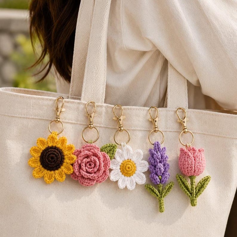 5in1 Crochet Flower Keychain Pattern PDF | Amigurumi Flower Bag Charm (Instant Download) image 5