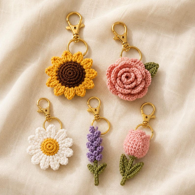 May include: Five crochet flower keychains with gold-tone lobster clasps. The set includes a yellow sunflower with a brown center, a pink rose with a green leaf, a white daisy with a yellow center, a purple lavender sprig, and a pink tulip with green leaves.