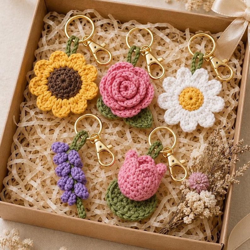 May include: A set of five crochet flower keychains featuring a yellow sunflower, a pink rose, a white daisy, a purple lavender sprig, and a pink tulip, each with a gold-toned metal lobster clasp and a green crocheted stem or leaf detail.